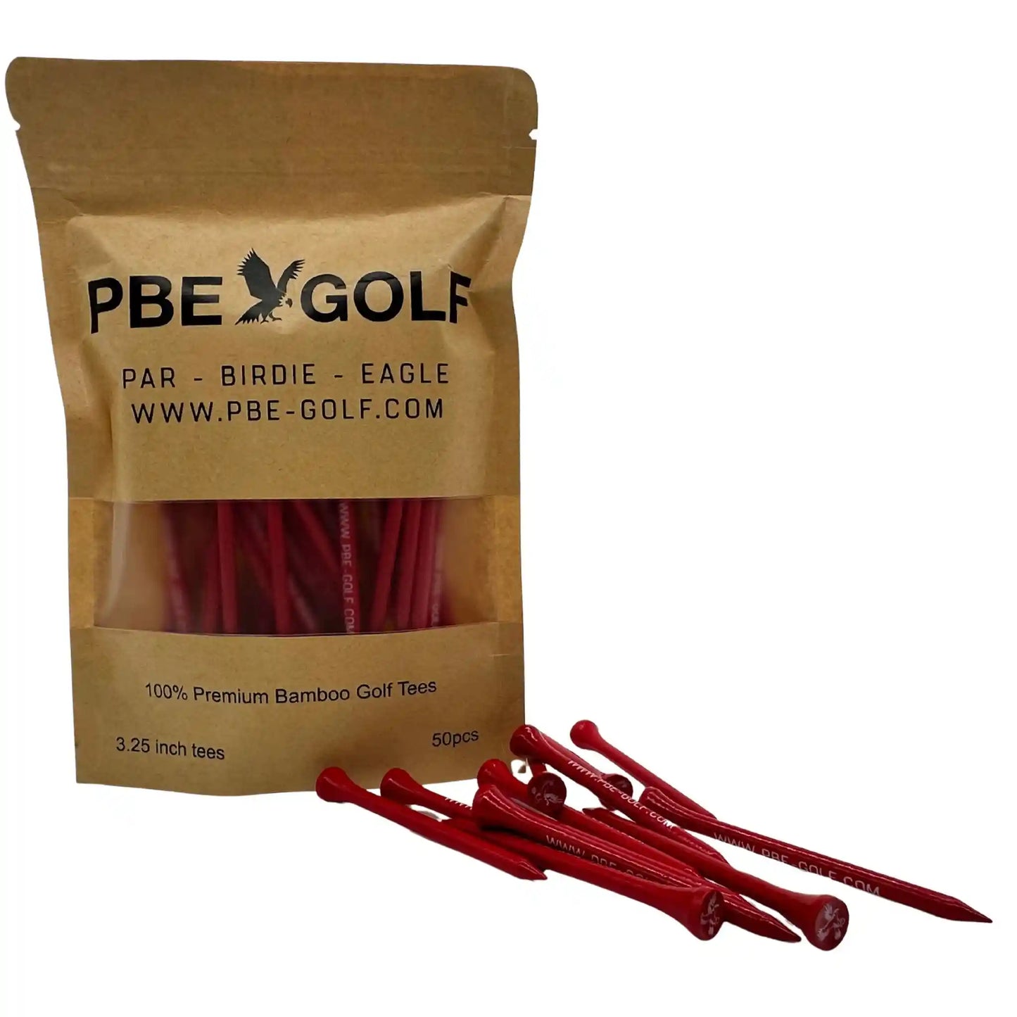 PBE Golf red golf tees with brown packaging on a white background