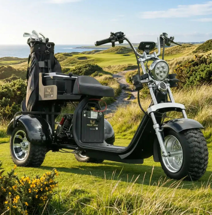 Three-wheeled golf scooter on a grassy landscape with a scenic background