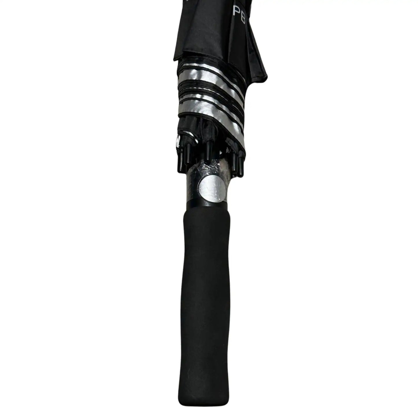 Close-up of an umbrella's black handle and silver mechanism on a white background