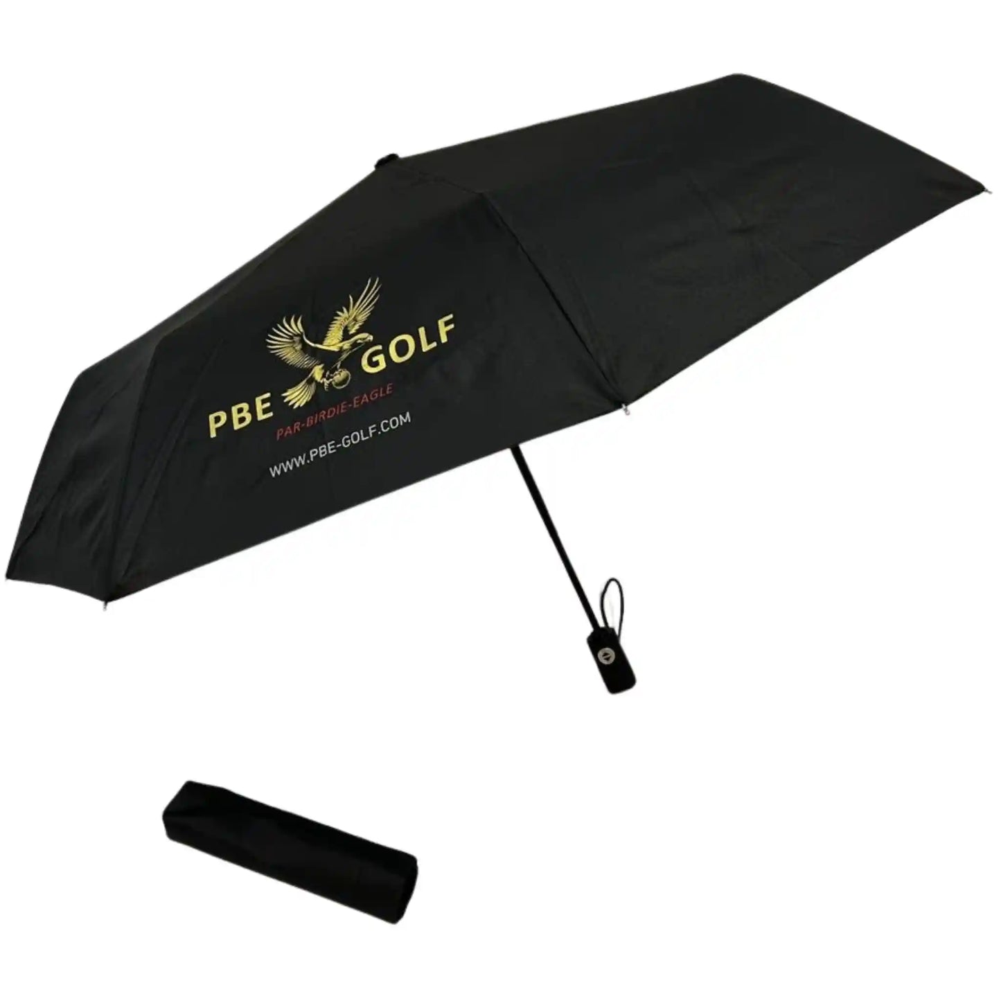 Black umbrella with PBE Golf logo on a white background