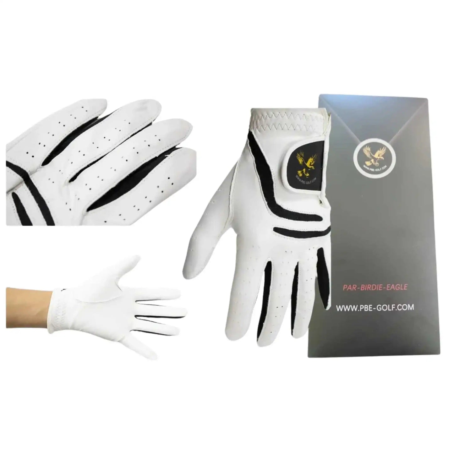 White golf glove with black accents and a box displaying a brand logo on a white background