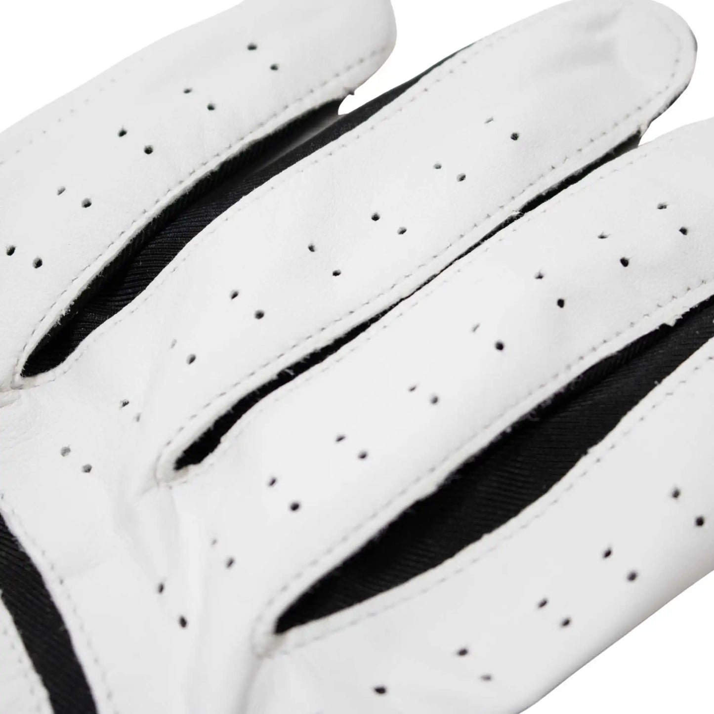 Close-up of white golf gloves with black accents on a white background
