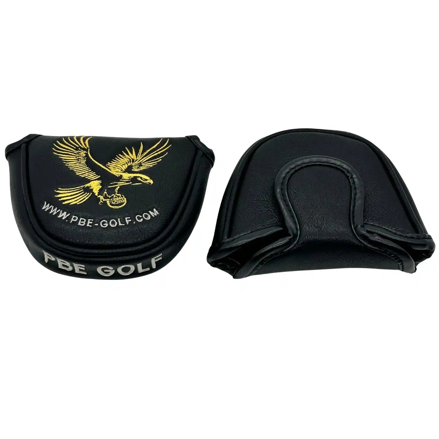 Black golf club head cover with gold eagle design and PBE Golf branding on a white background