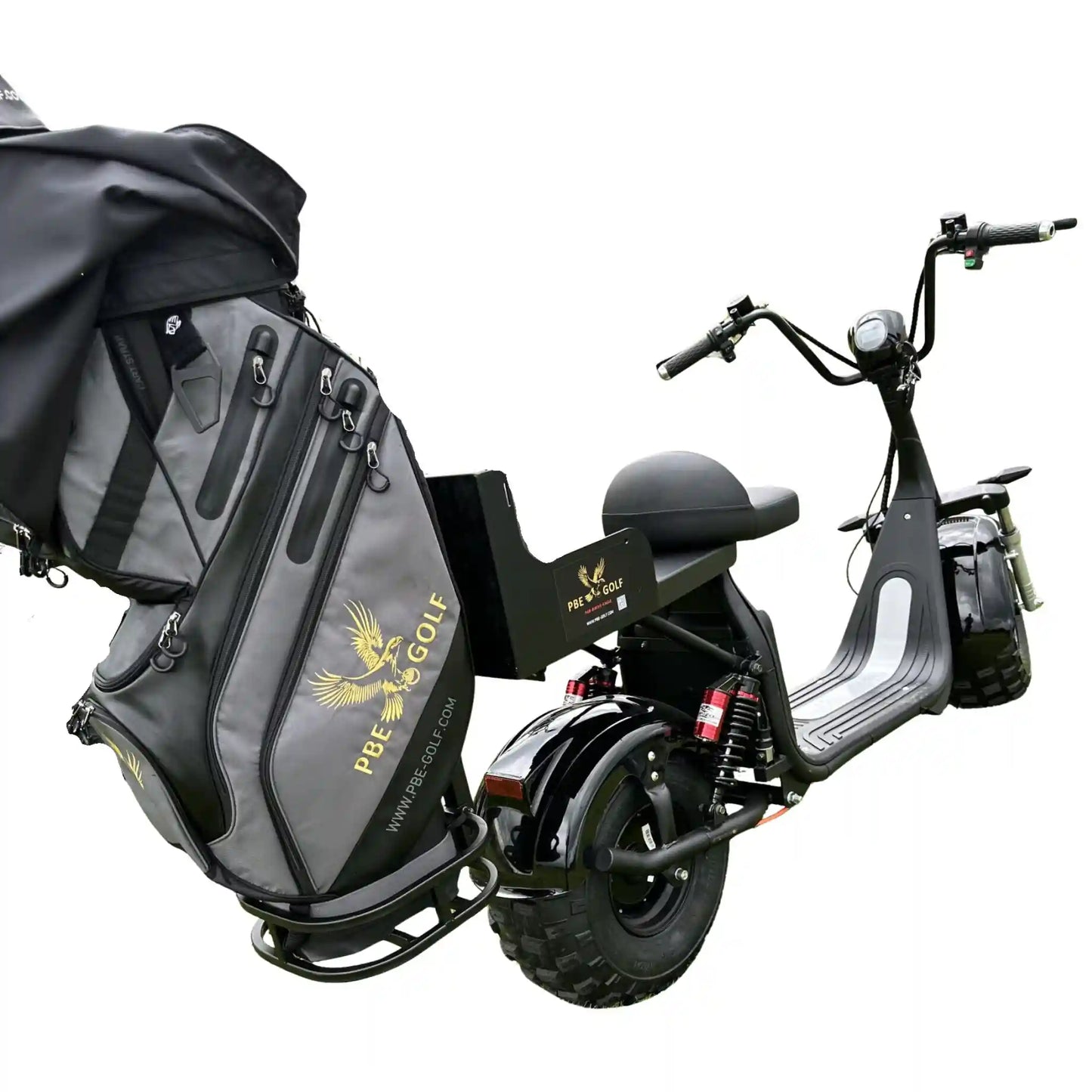 Electric scooter with a PBE golf bag attached on a white background