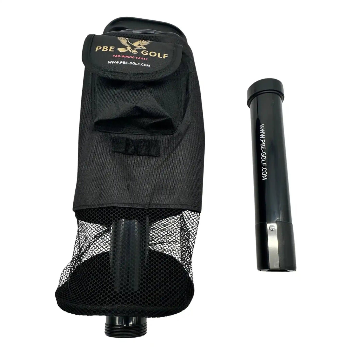 Black golf bag with a stand and a black tube with branding on a white background