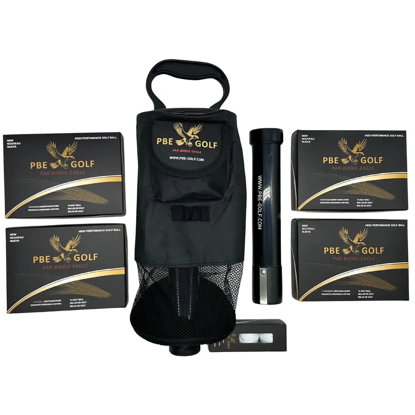 PBE Golf product set including a black bag, boxes, and a tube on a white background