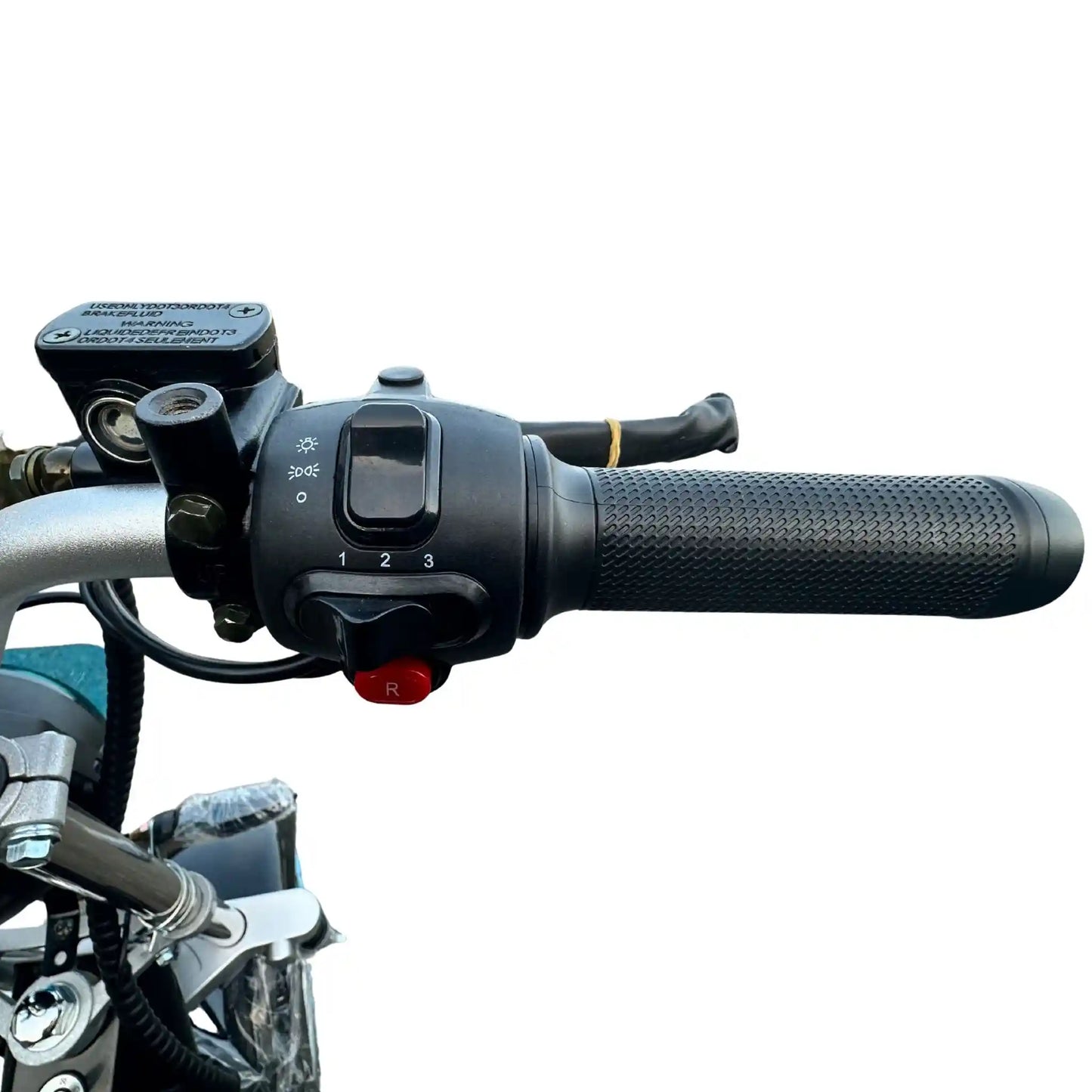 Close-up of a motorcycle handlebar with throttle and controls on a white background
