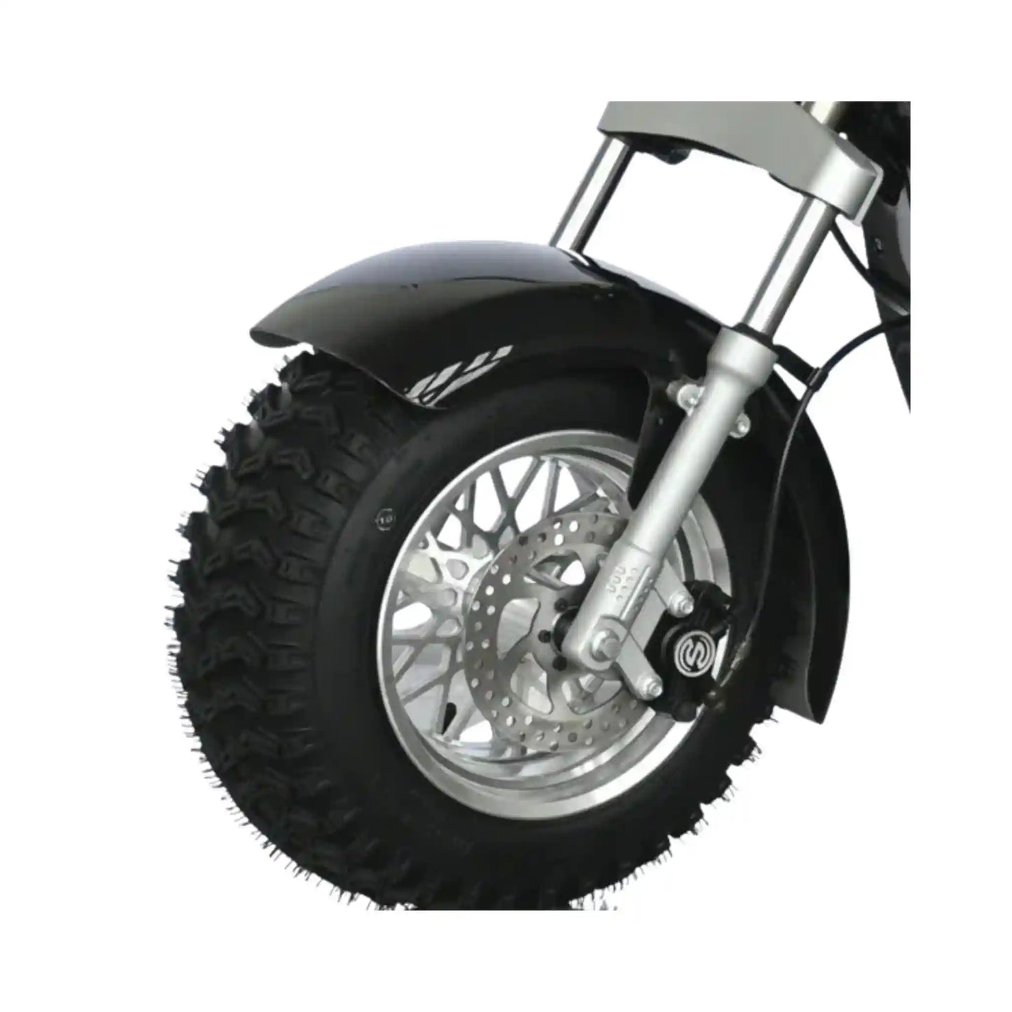 Close-up of a motorcycle wheel with knobby tire on a white background
