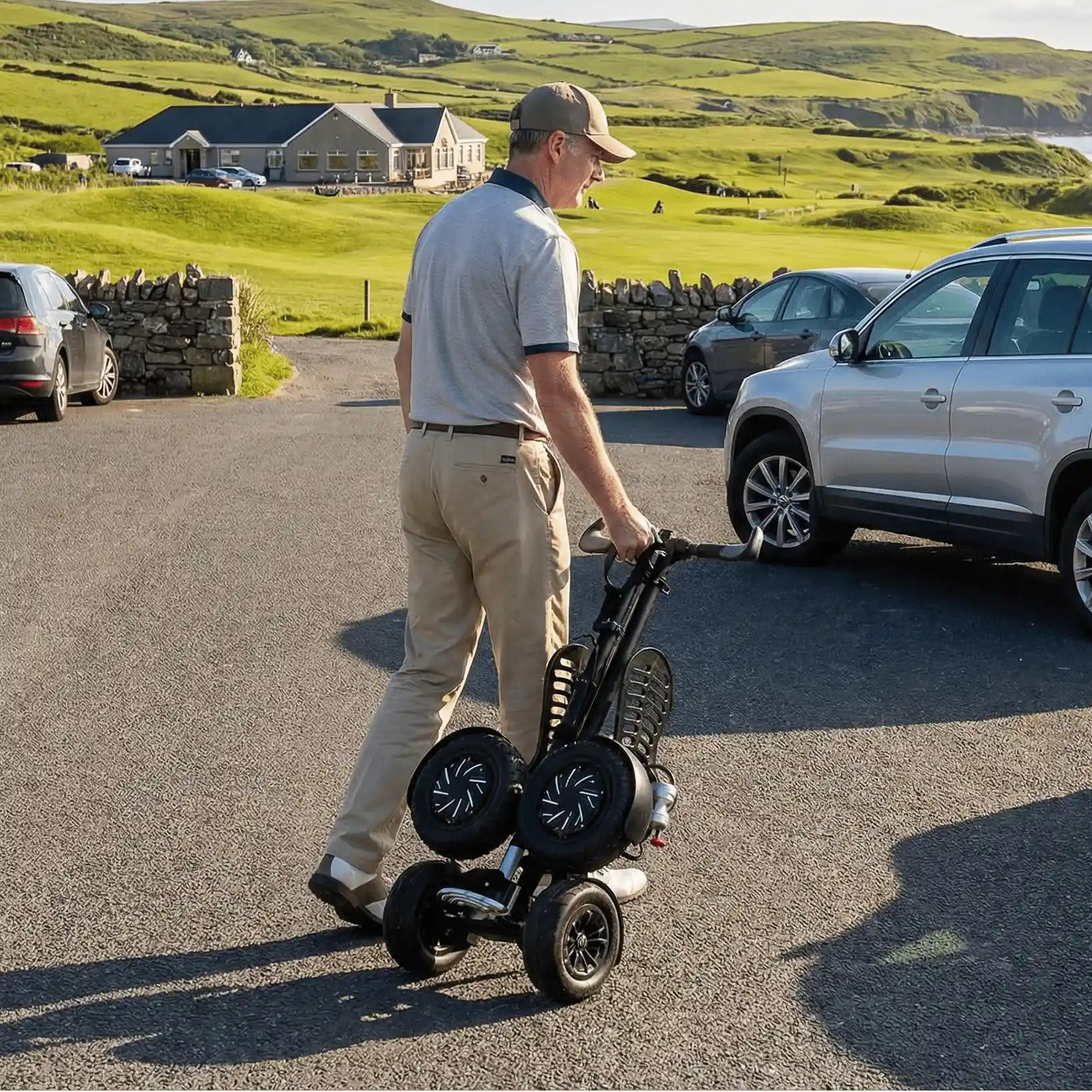 Man pushing a scooter on a road with scenic background