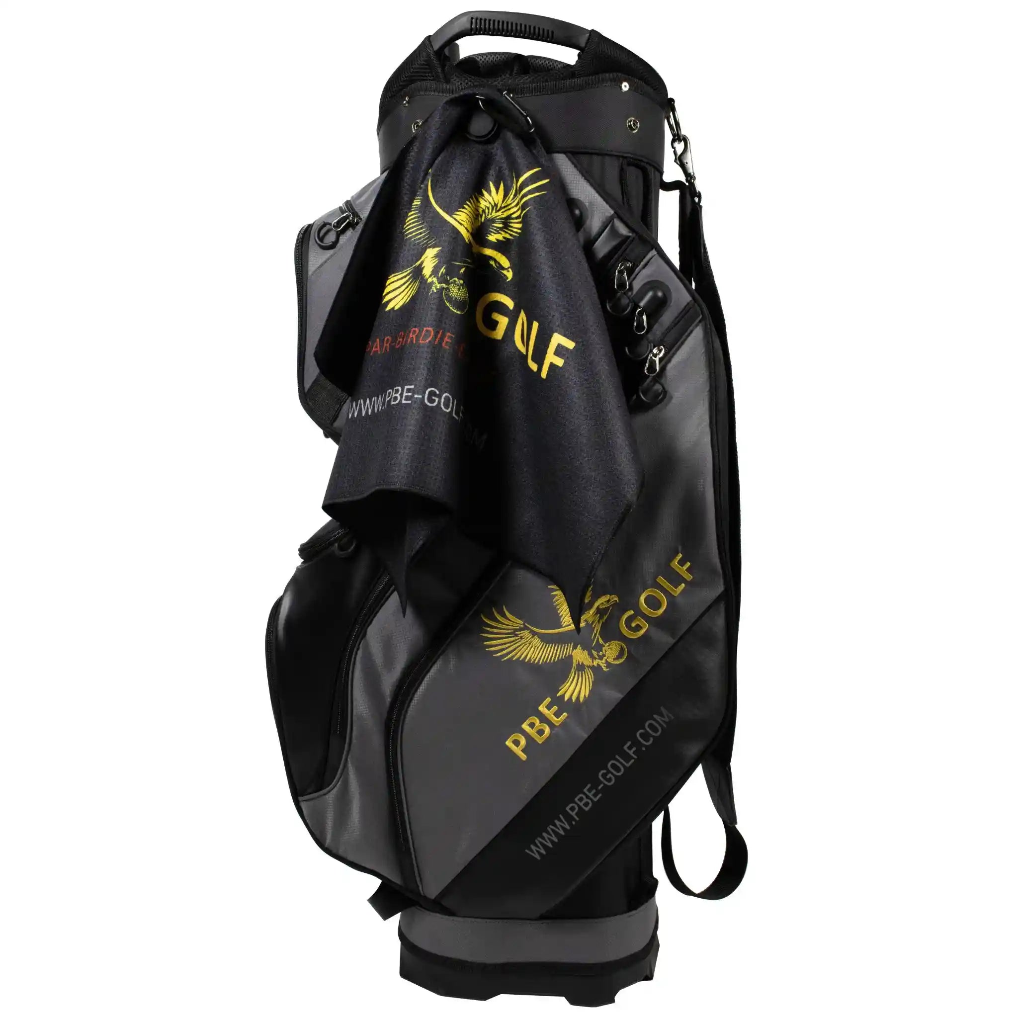 Black golf bag with yellow branding on a white background