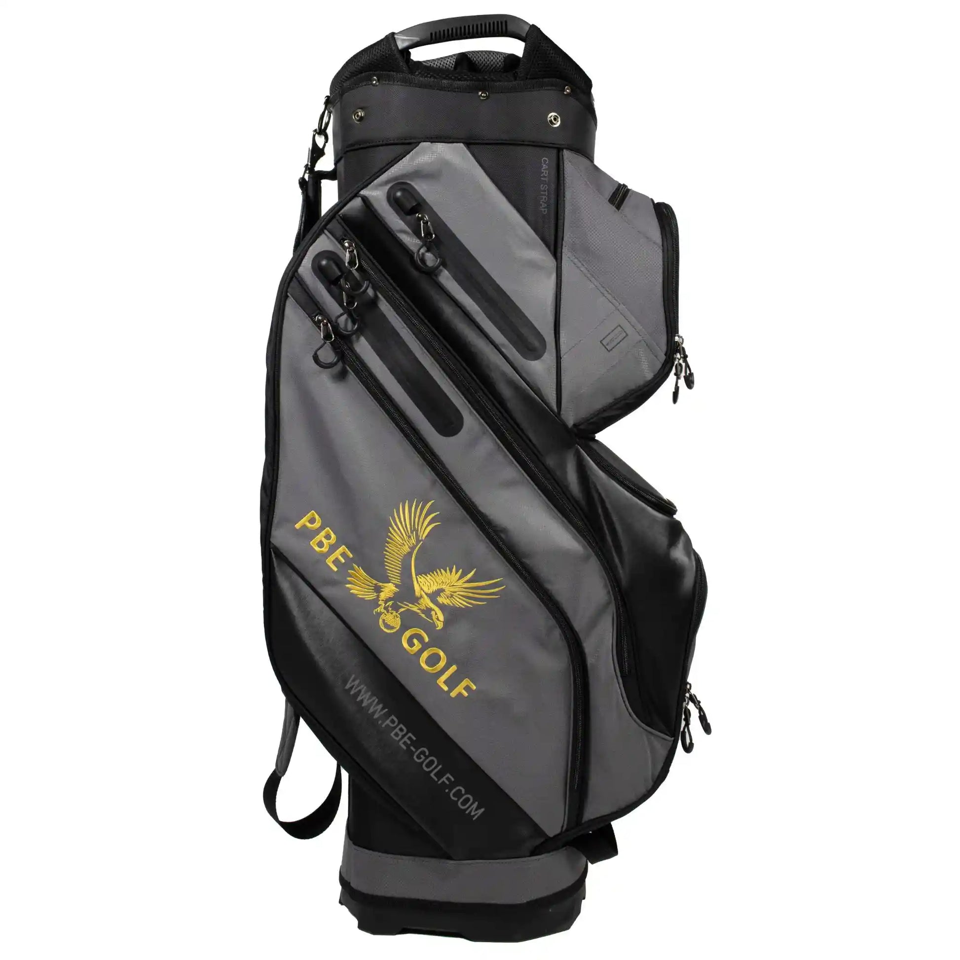 Gray and black golf bag with PBE Golf logo on a white background