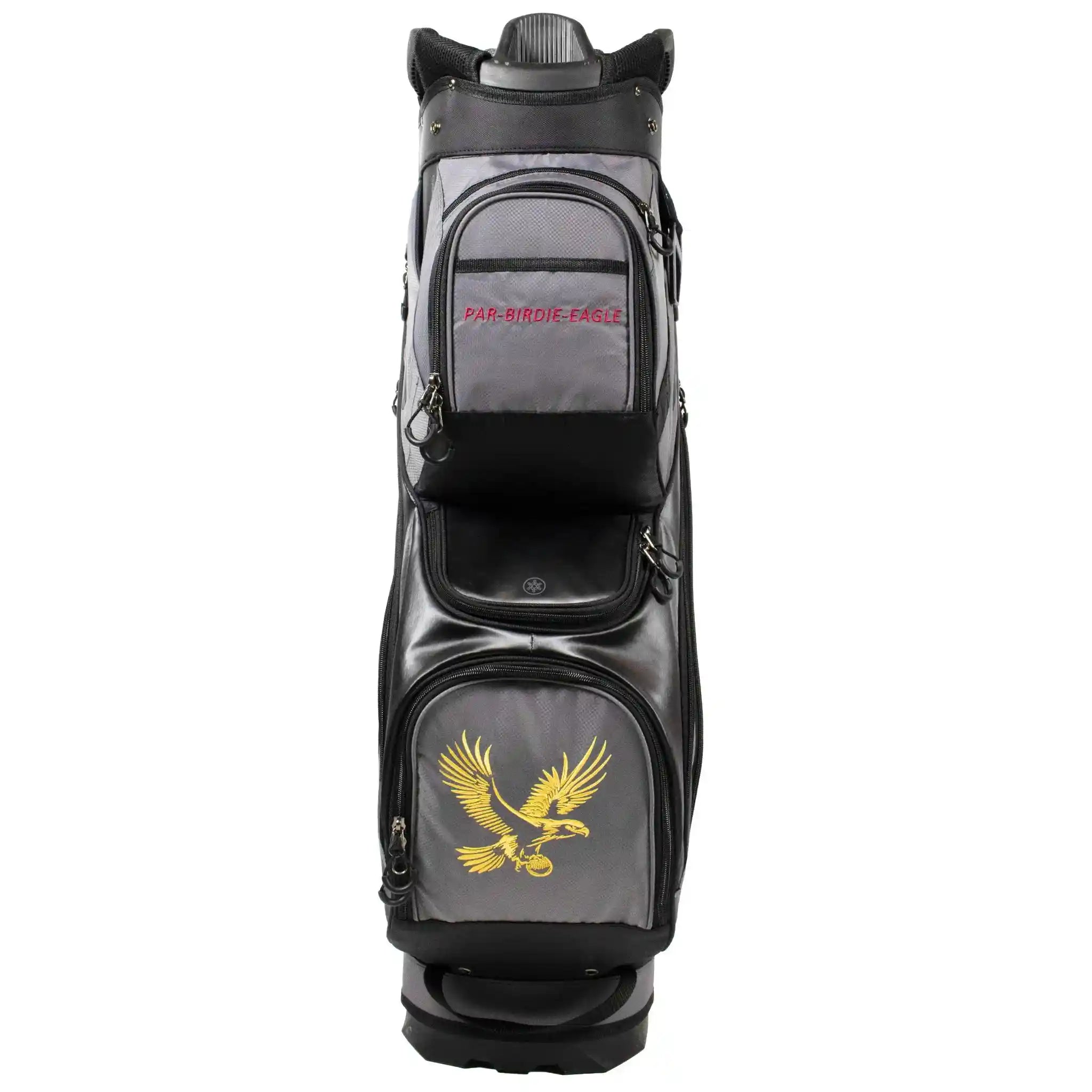 Black and gray golf bag with eagle logo on a white background
