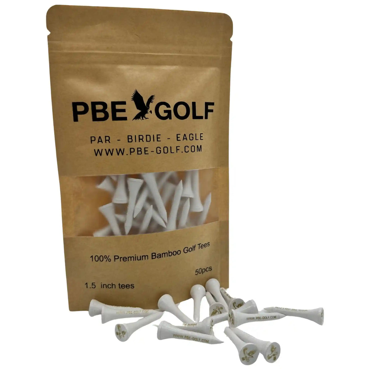 PBE Golf packaging with white golf tees on a white background
