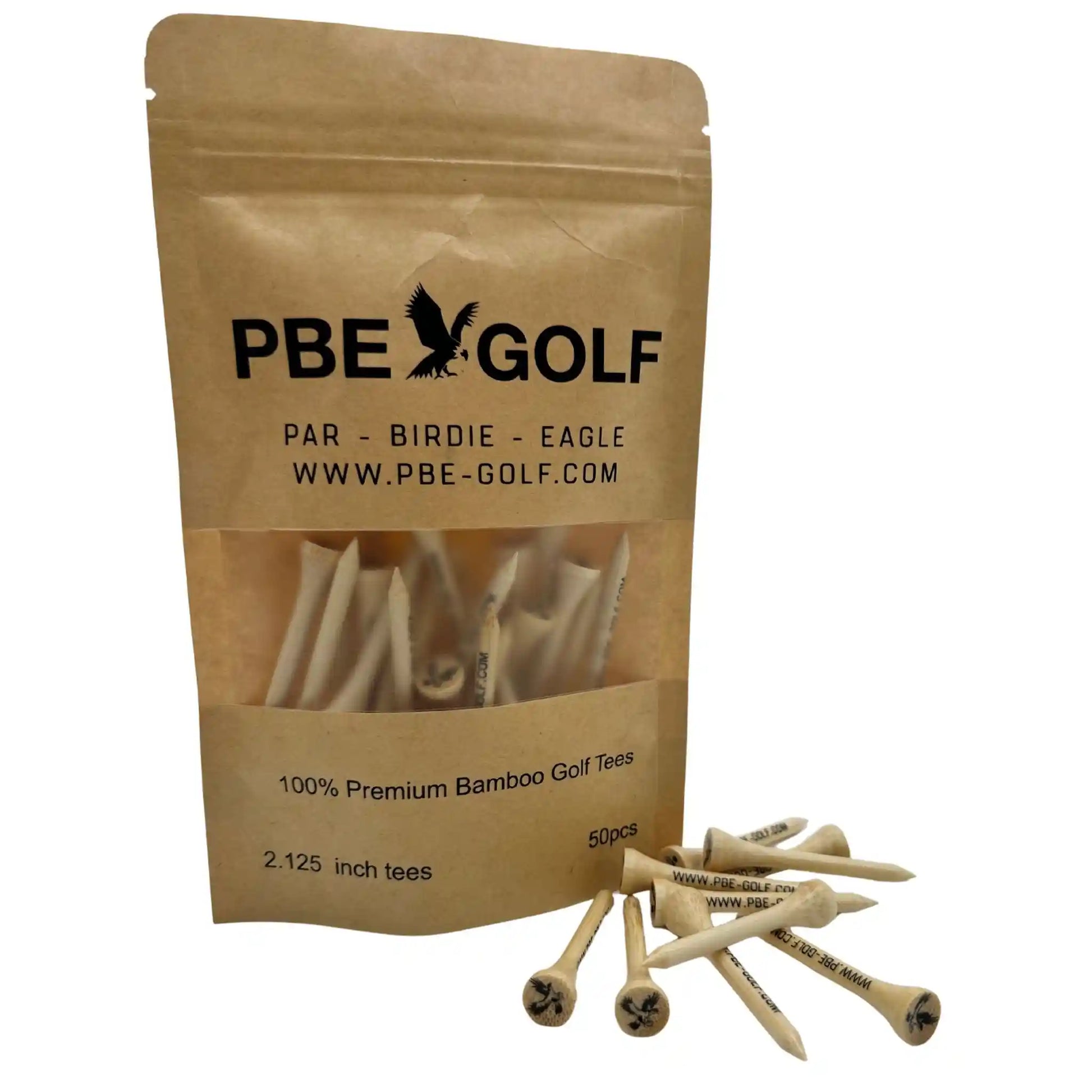 Kraft paper packaging of PBE Golf premium bamboo golf tees with tees spilling out.