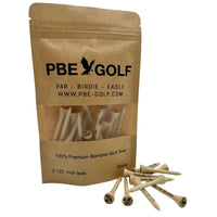 Kraft paper packaging of PBE Golf premium bamboo golf tees with tees spilling out.