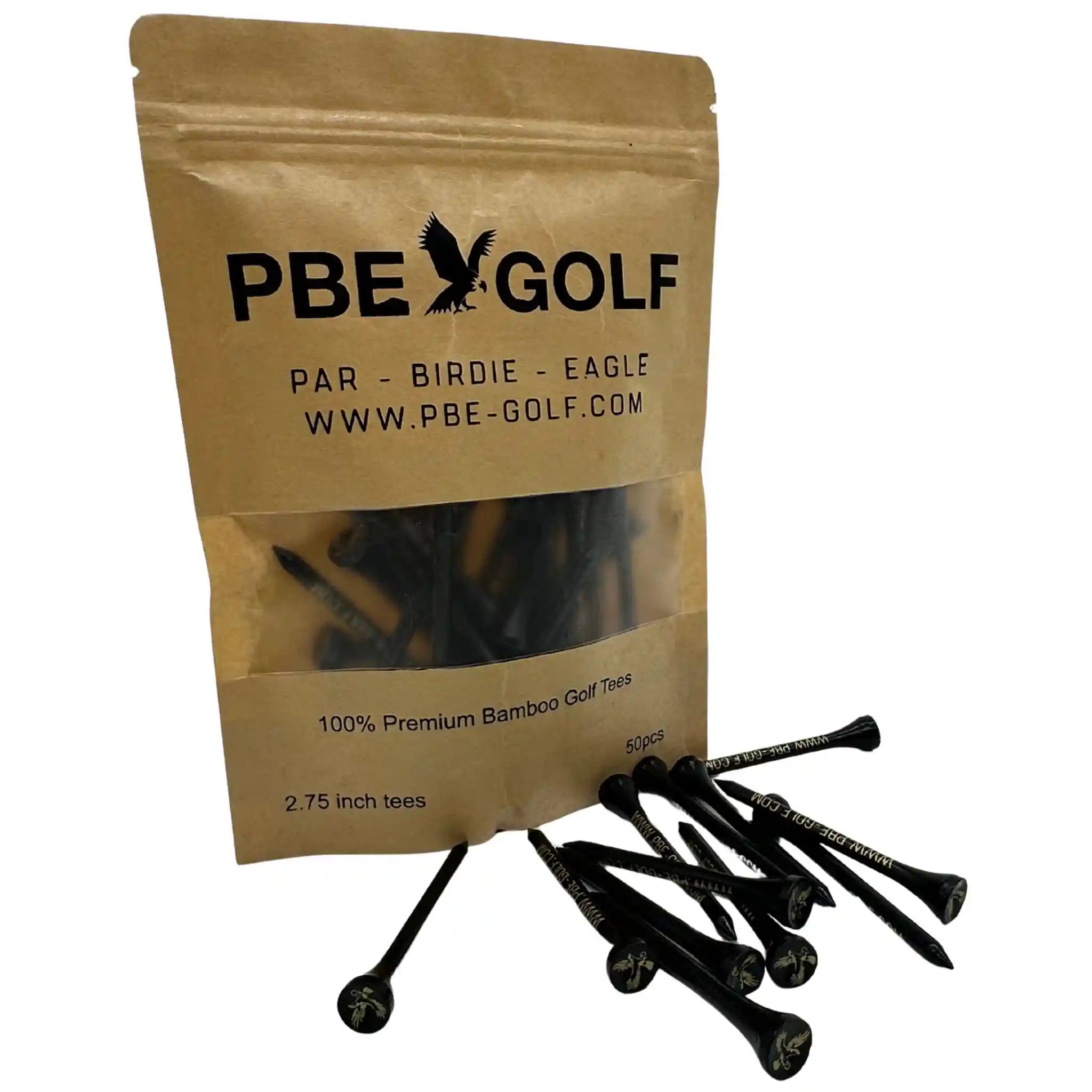 PBE Golf packaging with black golf tees on a white background