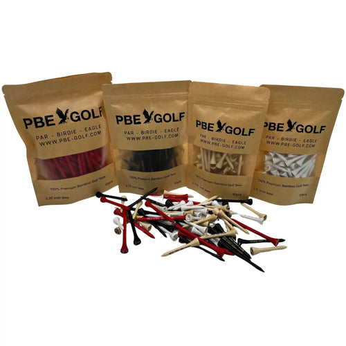 Four bags of PBE Golf products with golf tees on a white background
