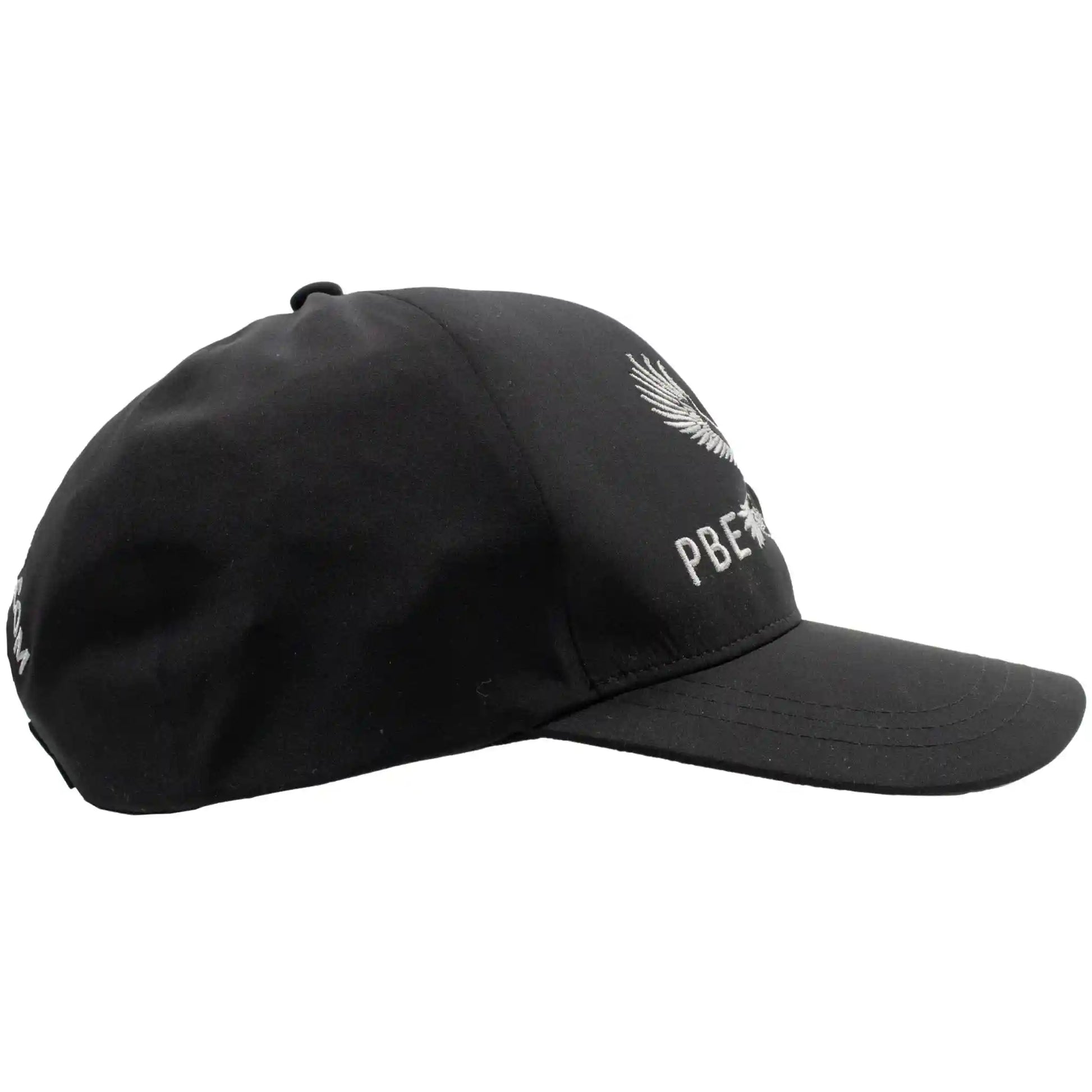 Black cap with a logo and text on a white background