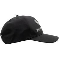 Black cap with a logo and text on a white background