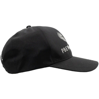 Black cap with a logo and text on a white background