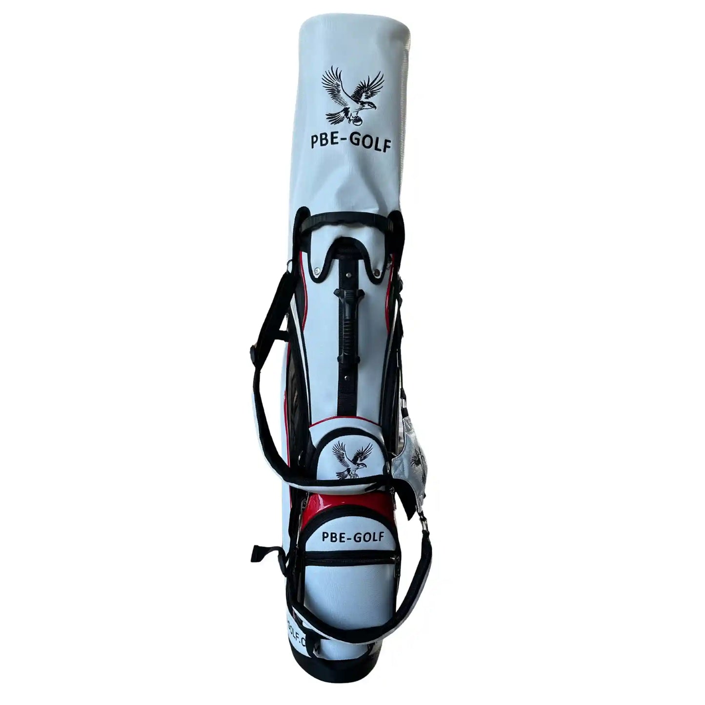 White golf bag with black and red accents featuring PBE-GOLF branding on a white background