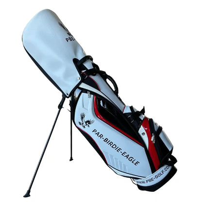 Golf bag with stand and visible branding on a white background