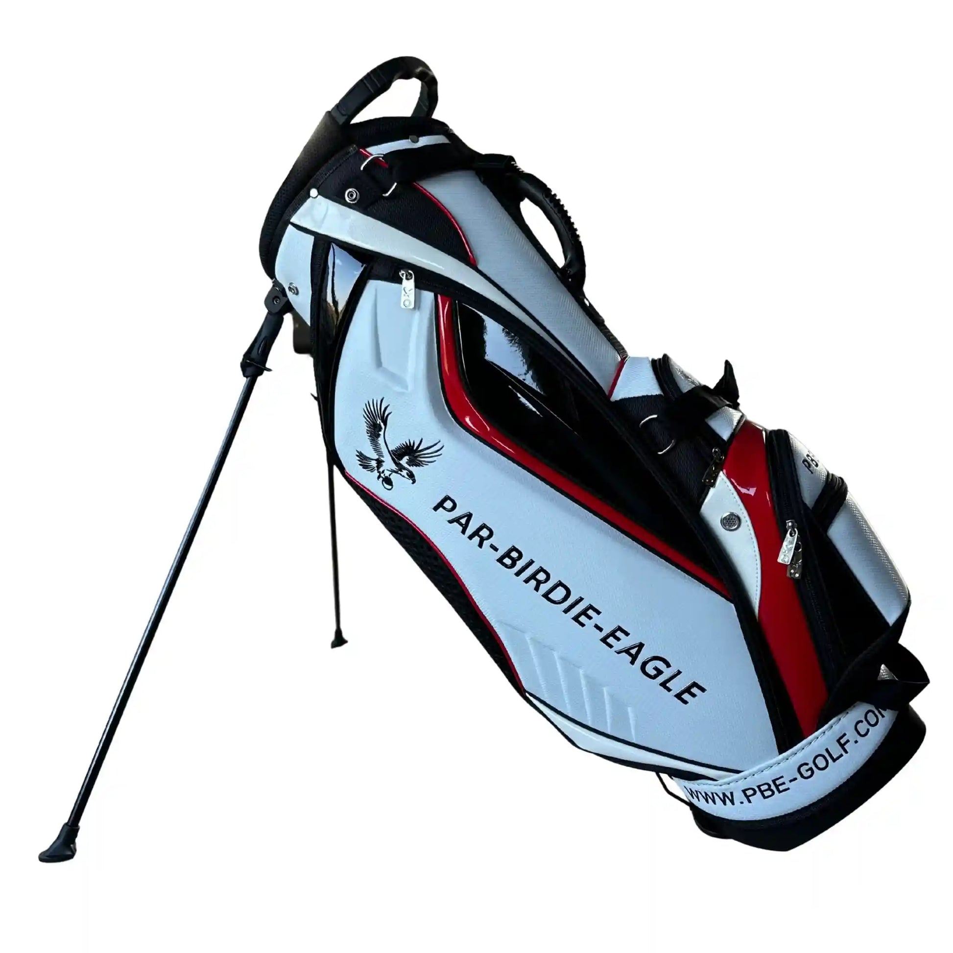 Golf bag with 'Par-Birdie-Eagle' branding on a white background