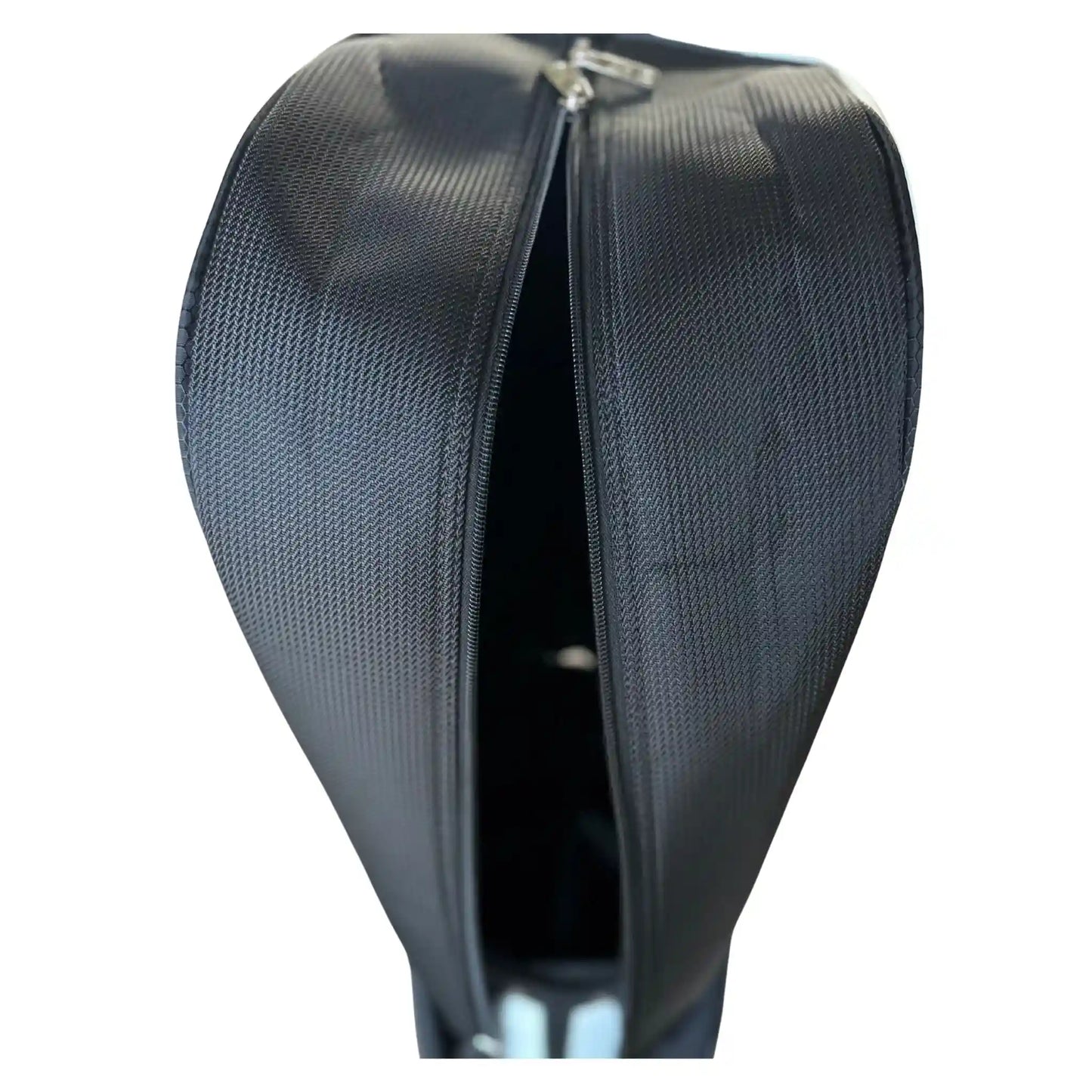 Black textured golf bag rain hood  with a zipper on a white background