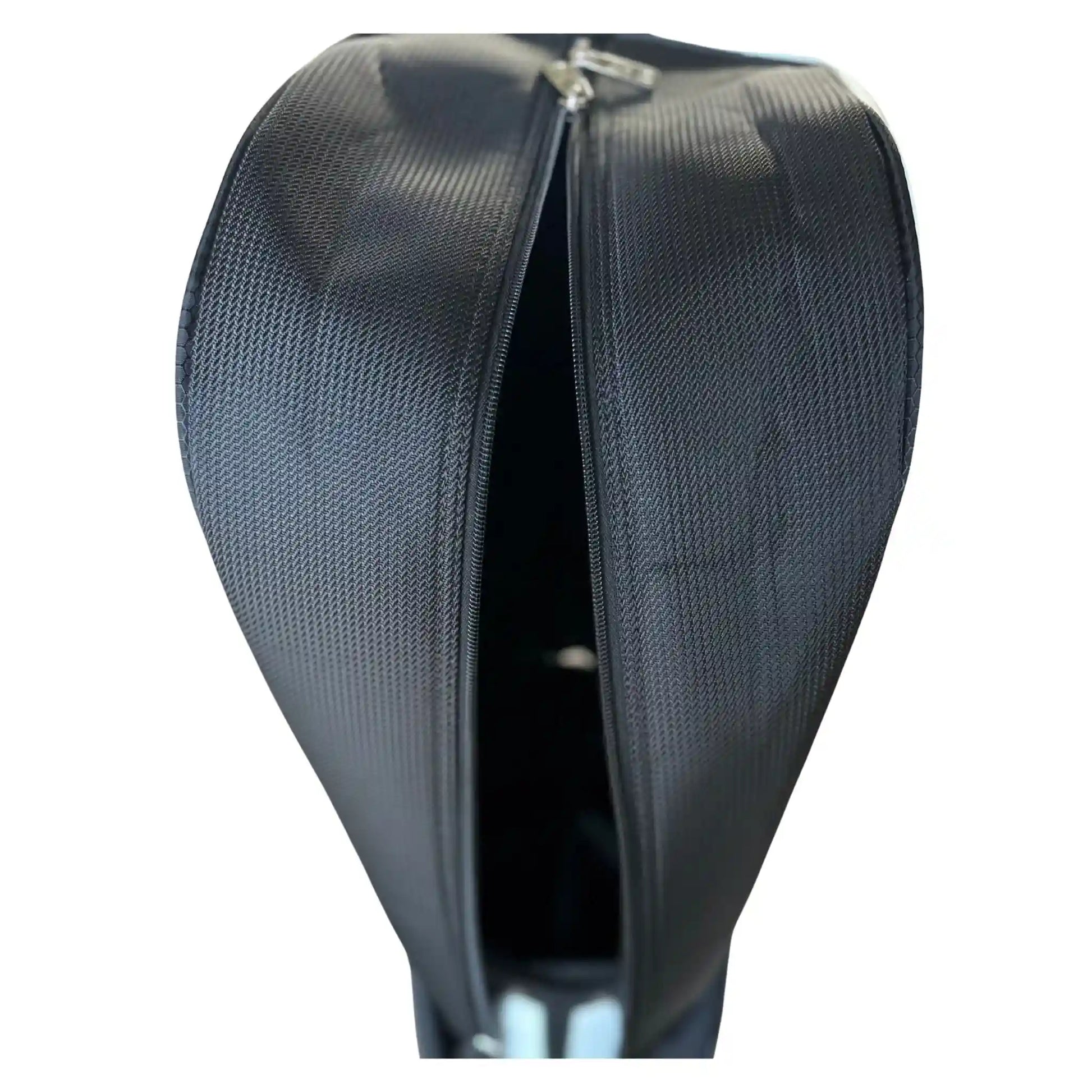 Black textured golf bag rain hood  with a zipper on a white background