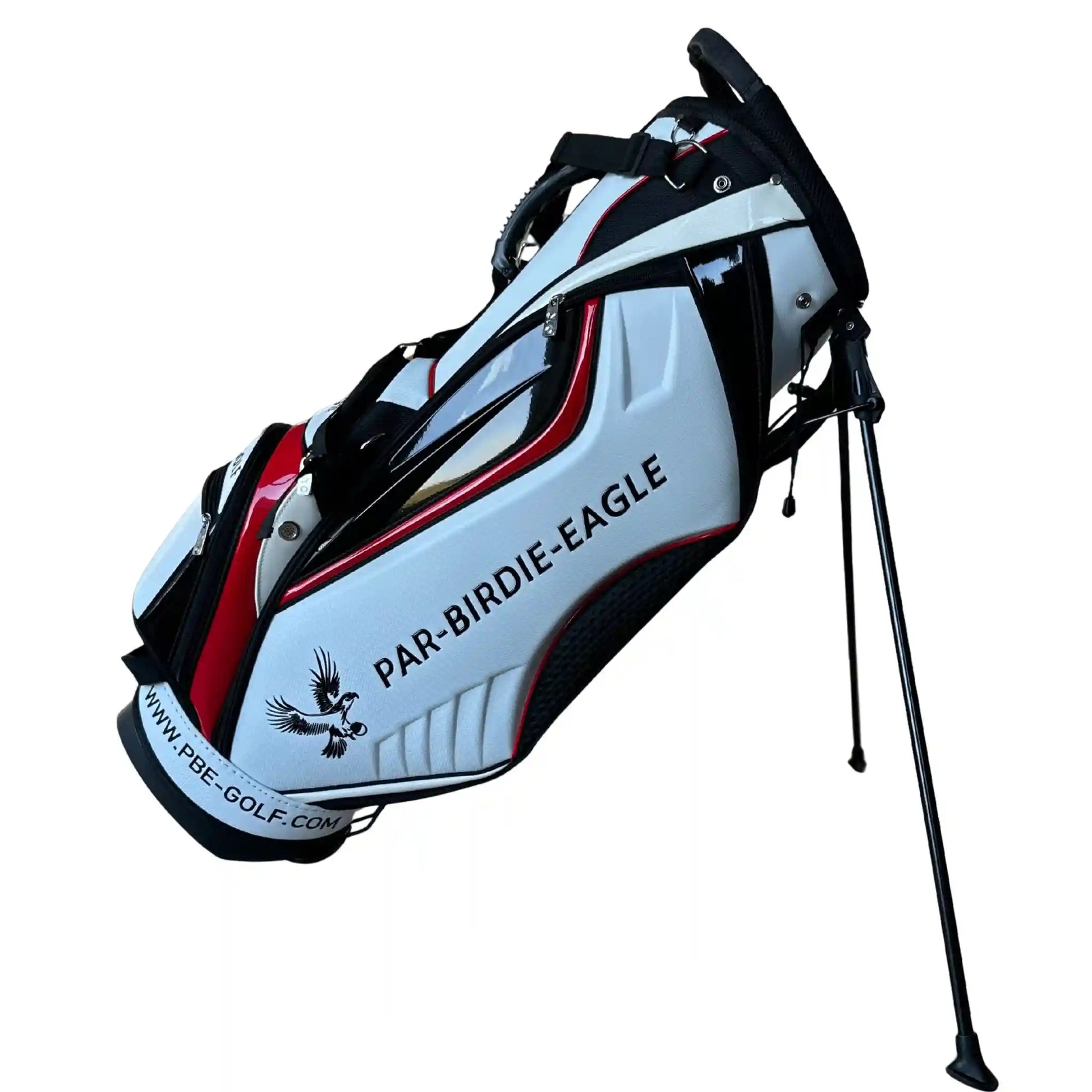 Golf bag with 'Par-Birdie-Eagle' branding on a white background
