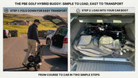 Two-step process for loading a golf hybrid buggy into a car.