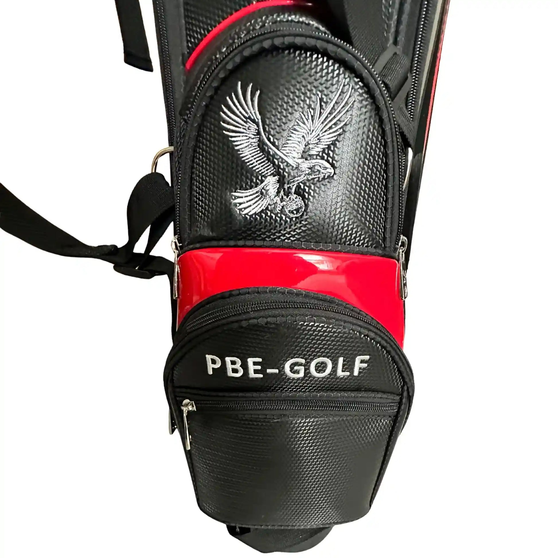 Red and black golf bag with an eagle logo and 'PBE-GOLF' branding.