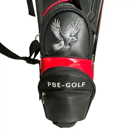 Red and black golf bag with an eagle logo and 'PBE-GOLF' branding.