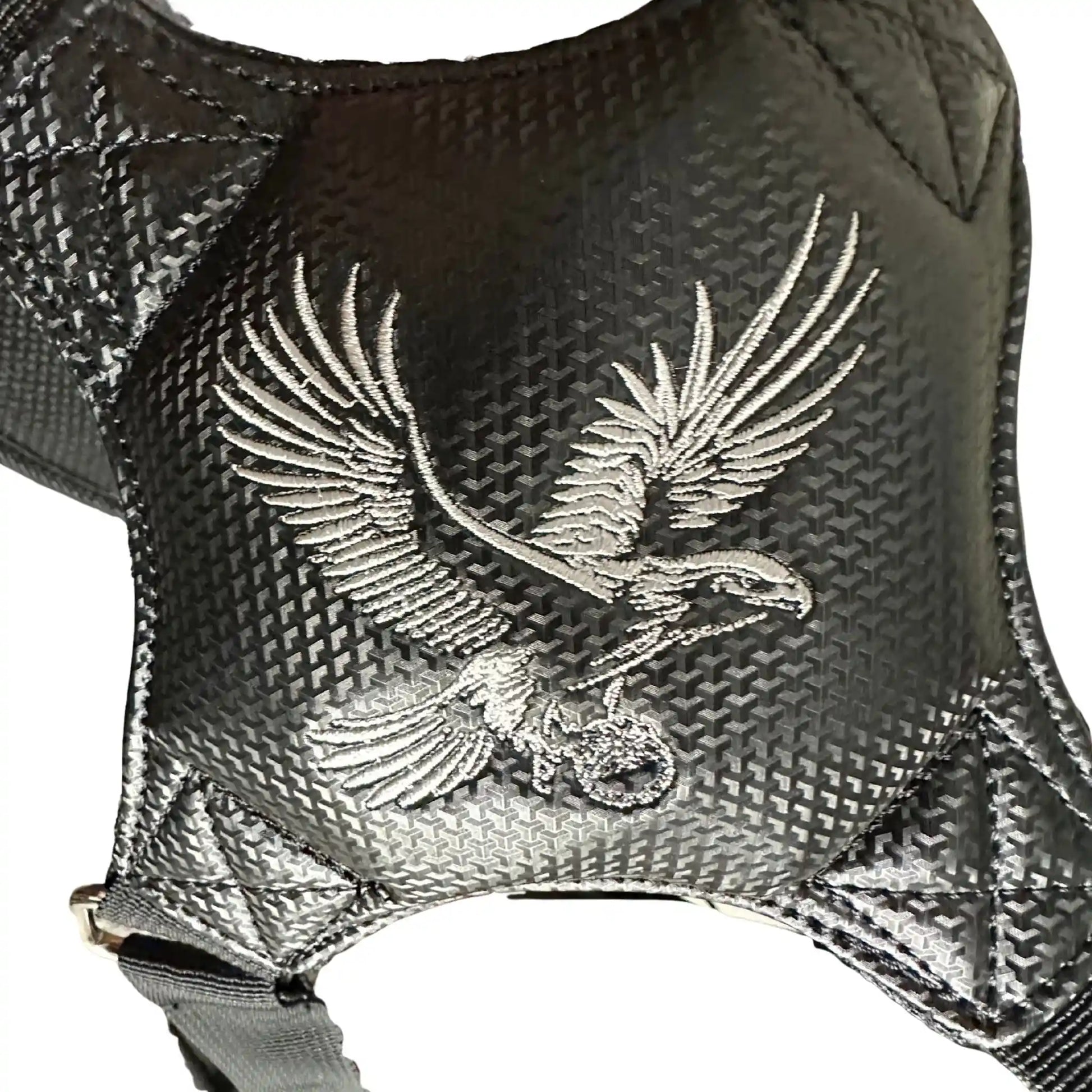 Black leather golf bag with an embroidered eagle design on a white background
