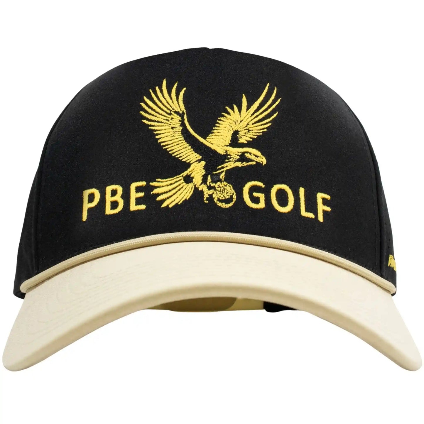 Black and beige cap with gold eagle logo and 'PBE Golf' text on a white background