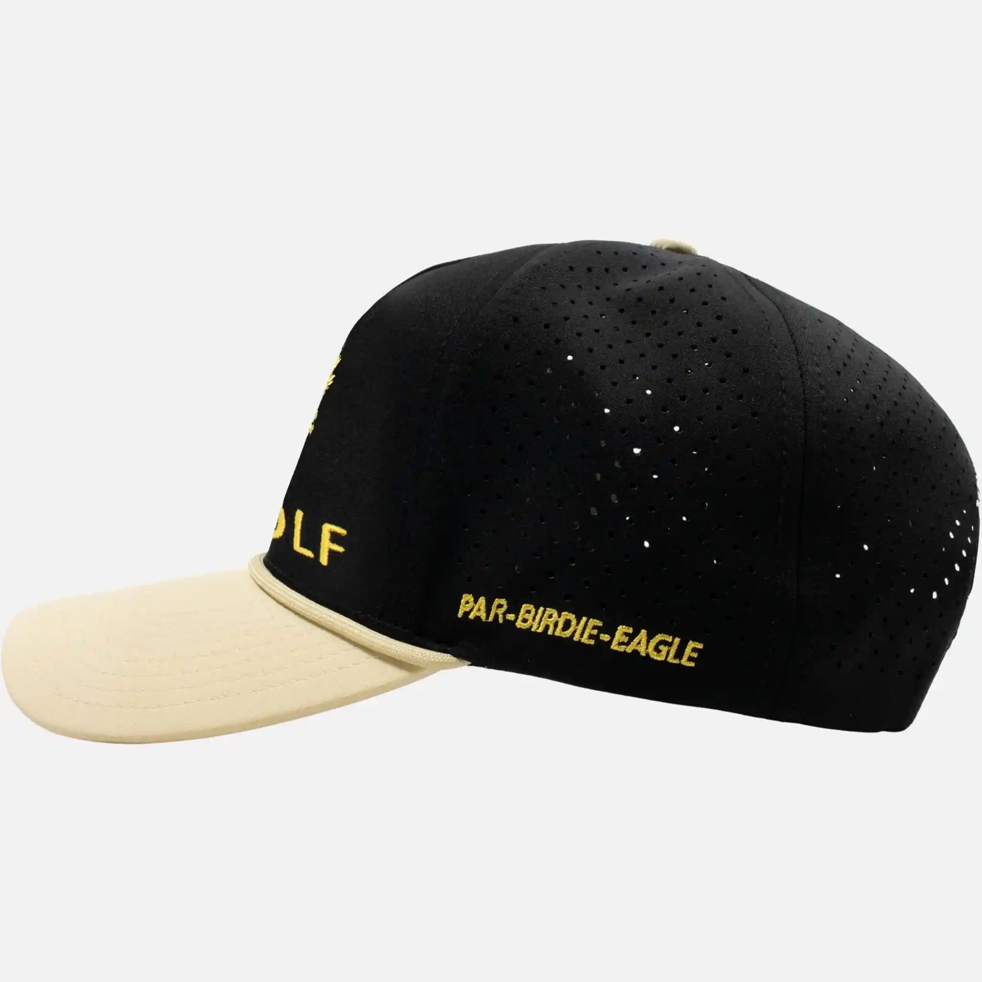 Black and beige cap with text on a light gray background