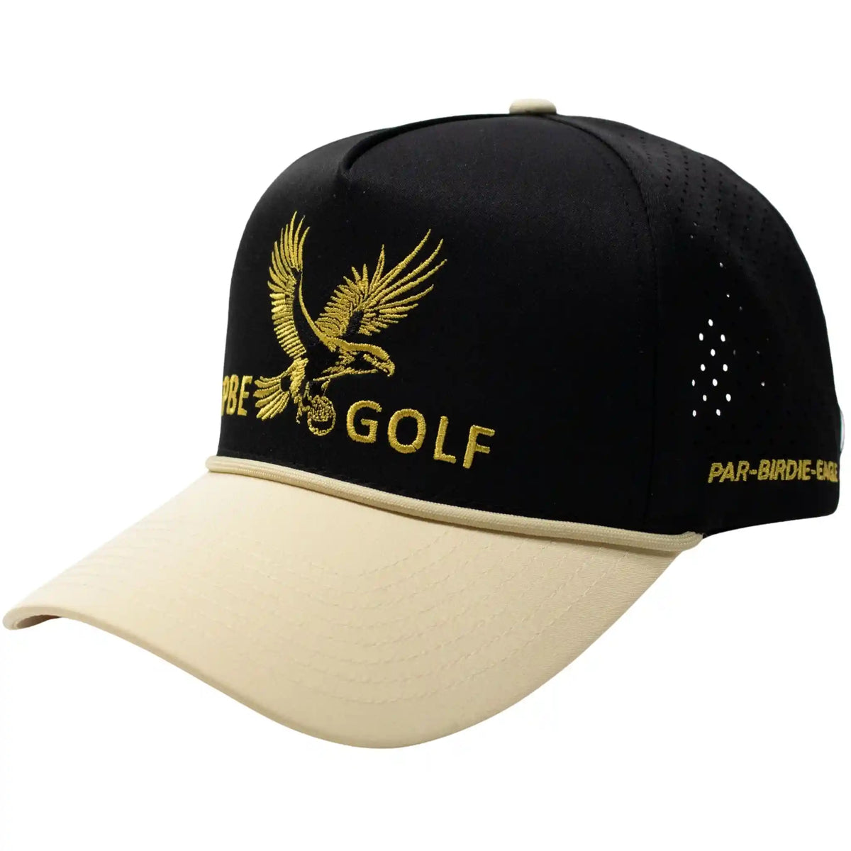 Black and beige cap with gold eagle design and 'GOLF' text on a white background