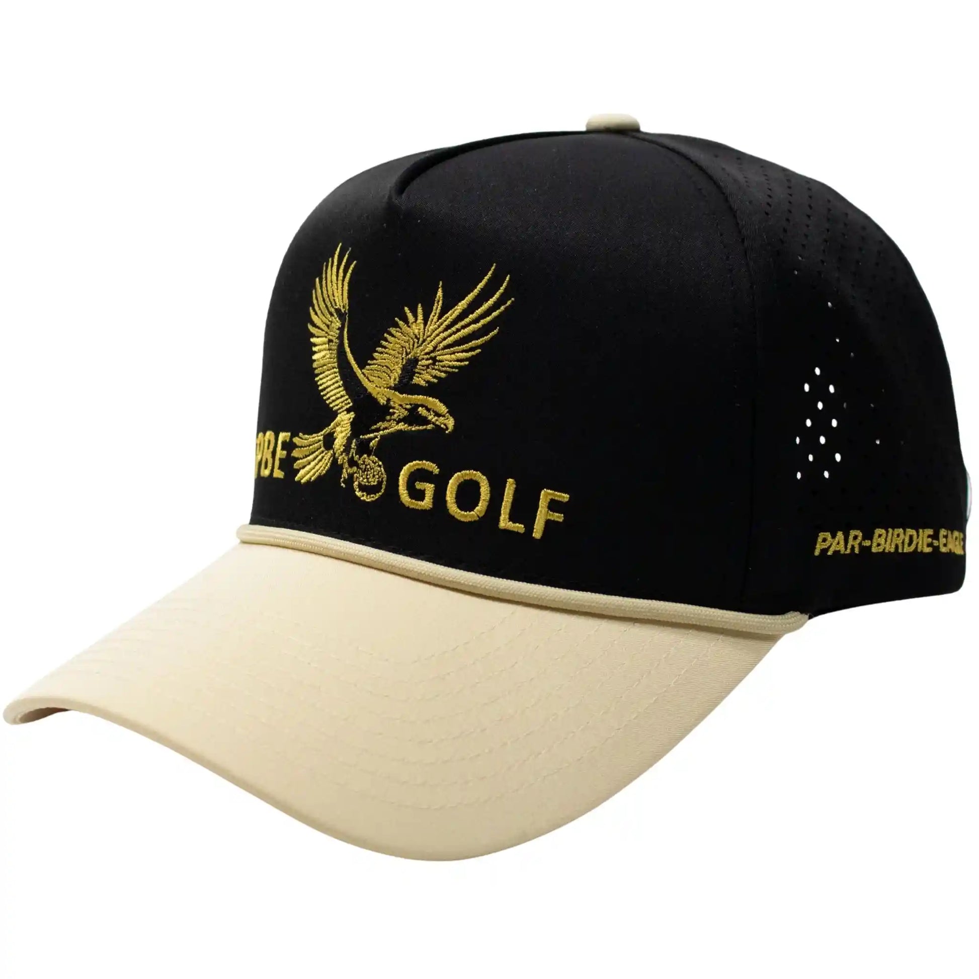Black and beige cap with gold eagle design and 'GOLF' text on a white background