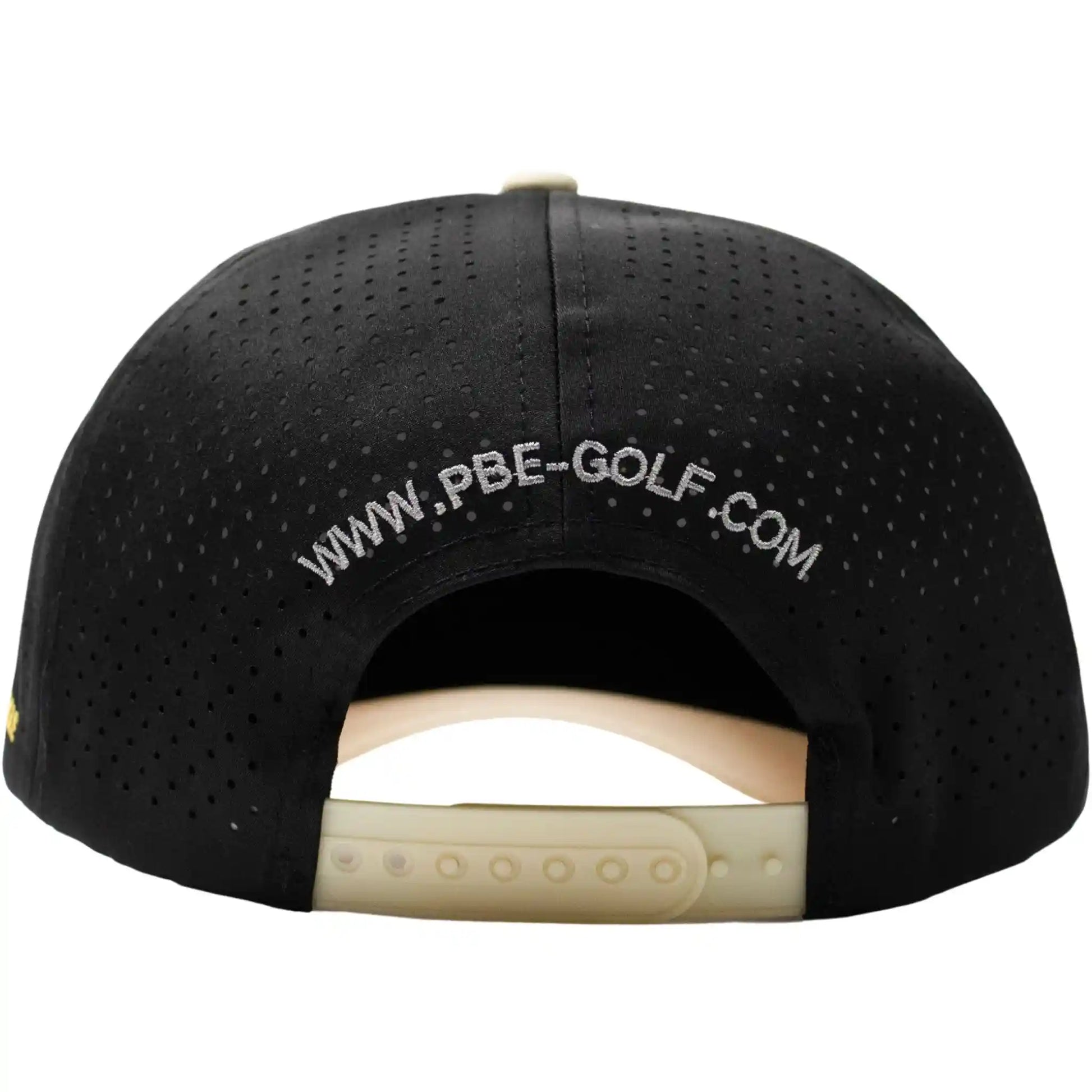 Black golf cap with 'www.PBE-GOLF.com' text on the back against a white background