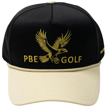 Black and beige cap with gold eagle logo and 'PBE Golf' text on a white background