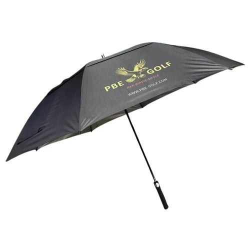 Black golf umbrella with PBE Golf logo on a white background
