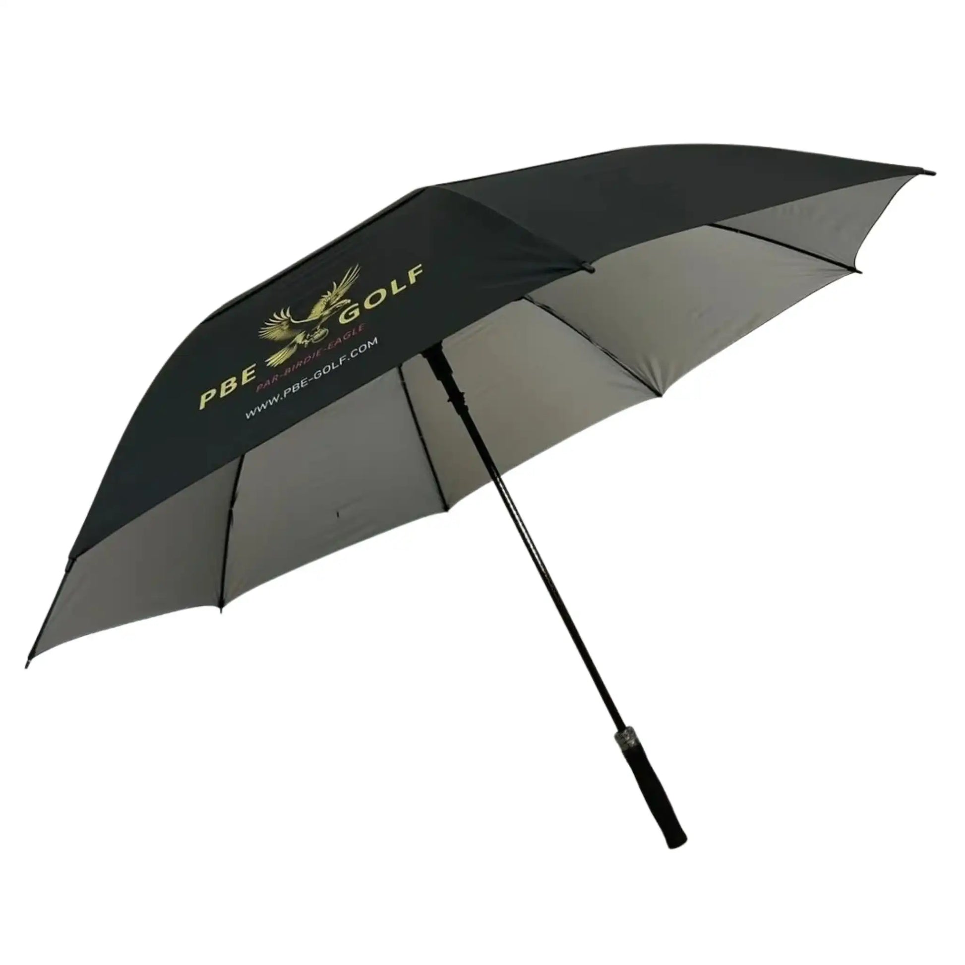 Black golf umbrella with PBE Golf logo on a white background