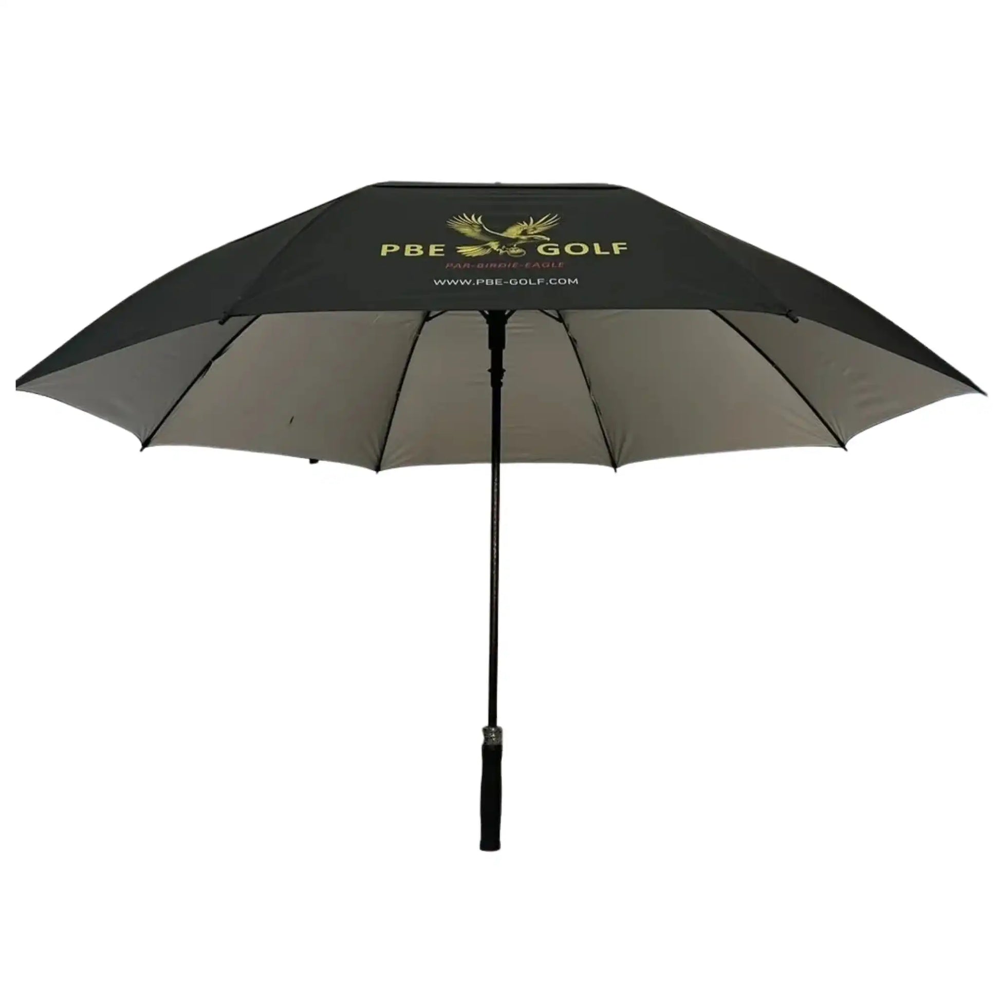 Black golf umbrella with PBE Golf branding on a white background