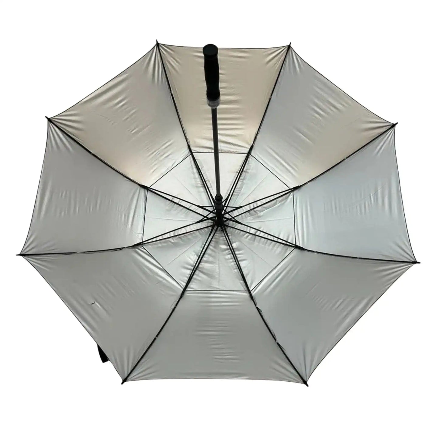 UV coated inside of a large golf umbrella with black handle and ribs on a white background