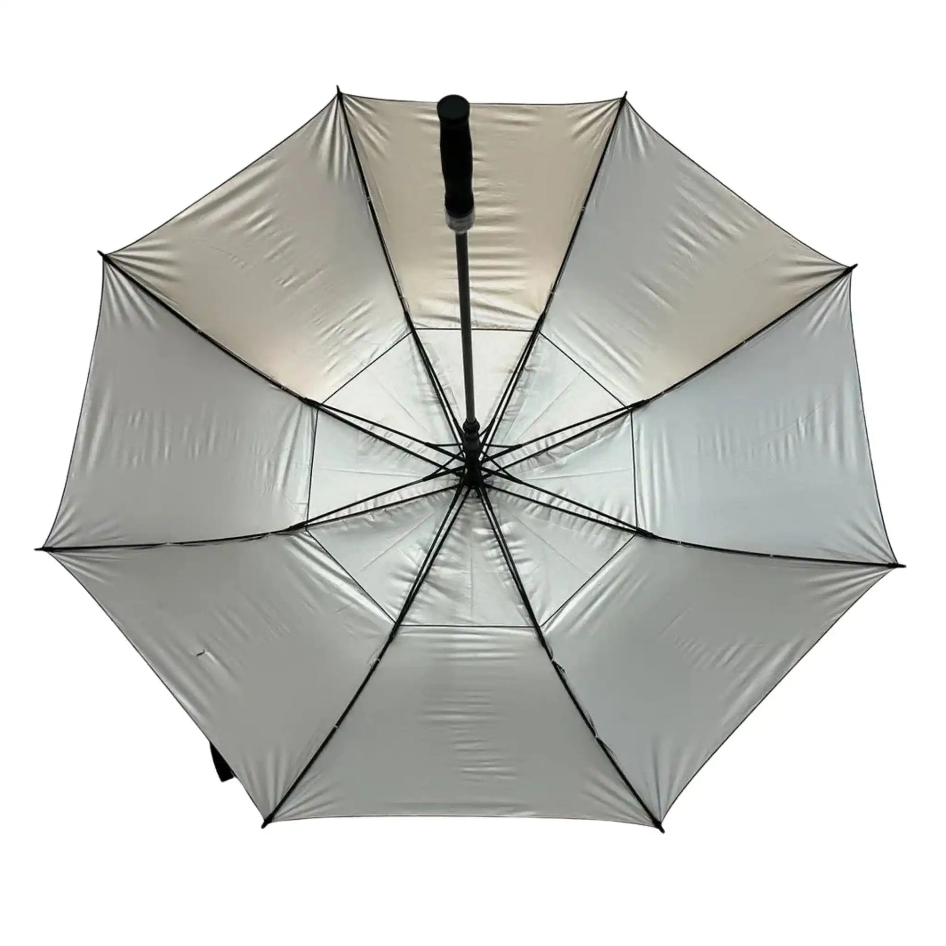 UV coated inside of a large golf umbrella with black handle and ribs on a white background