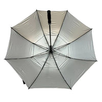 UV coated inside of a large golf umbrella with black handle and ribs on a white background