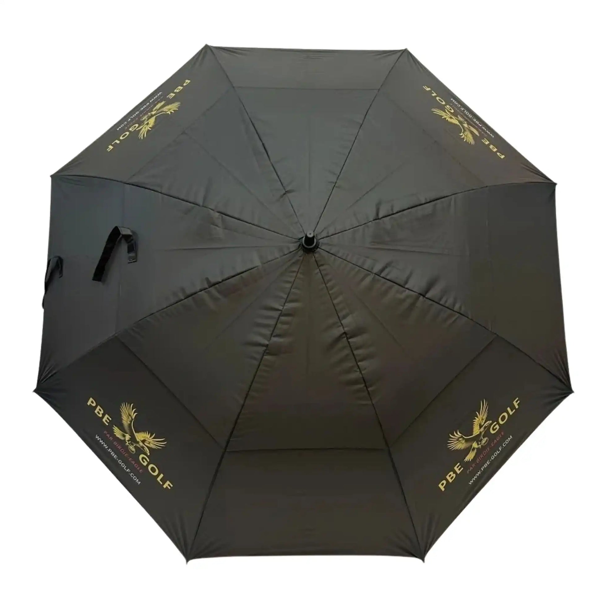 Black umbrella with gold logos and text on a white background