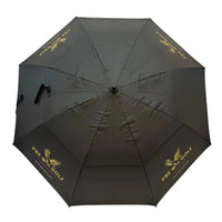 Black umbrella with gold logos and text on a white background