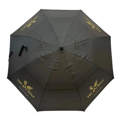 Black umbrella with gold logos and text on a white background