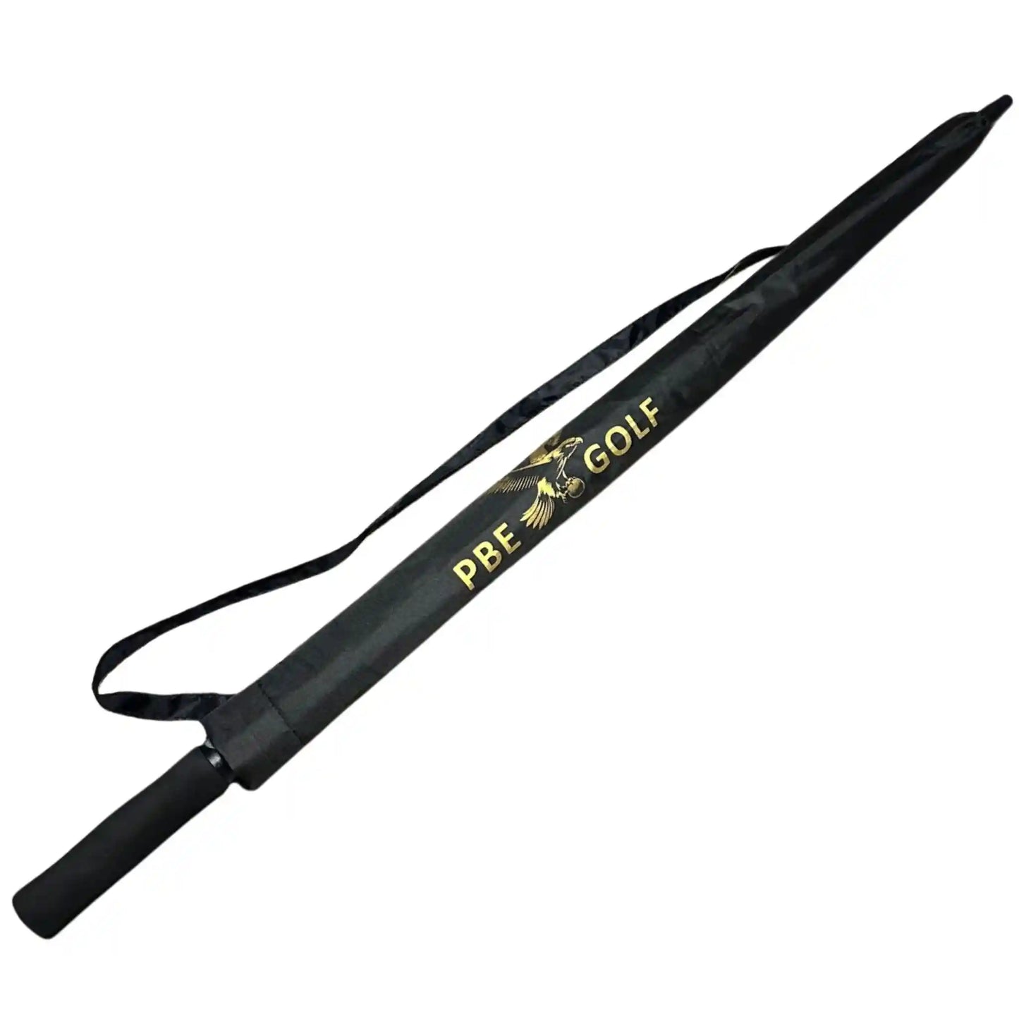 Black golf umbrella with 'PBE Golf' branding on a white background